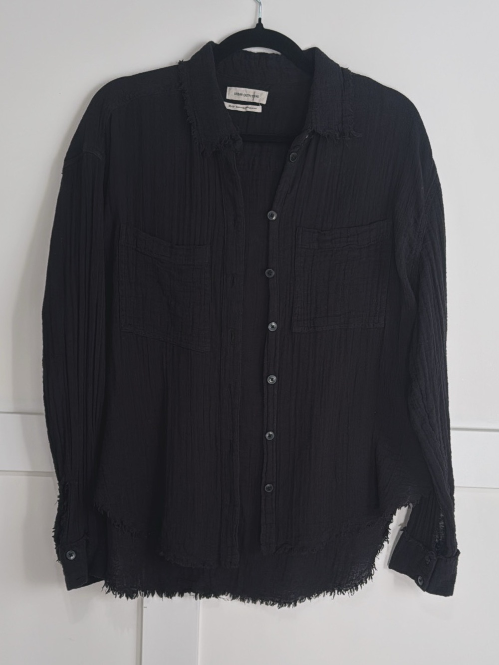 Urban Outfitters Black Textured Button-Down Shirt with Frayed Edges